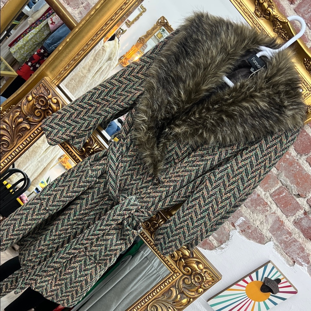 Forever 21 Multicolor Pea Coat with Faux Fur Collar